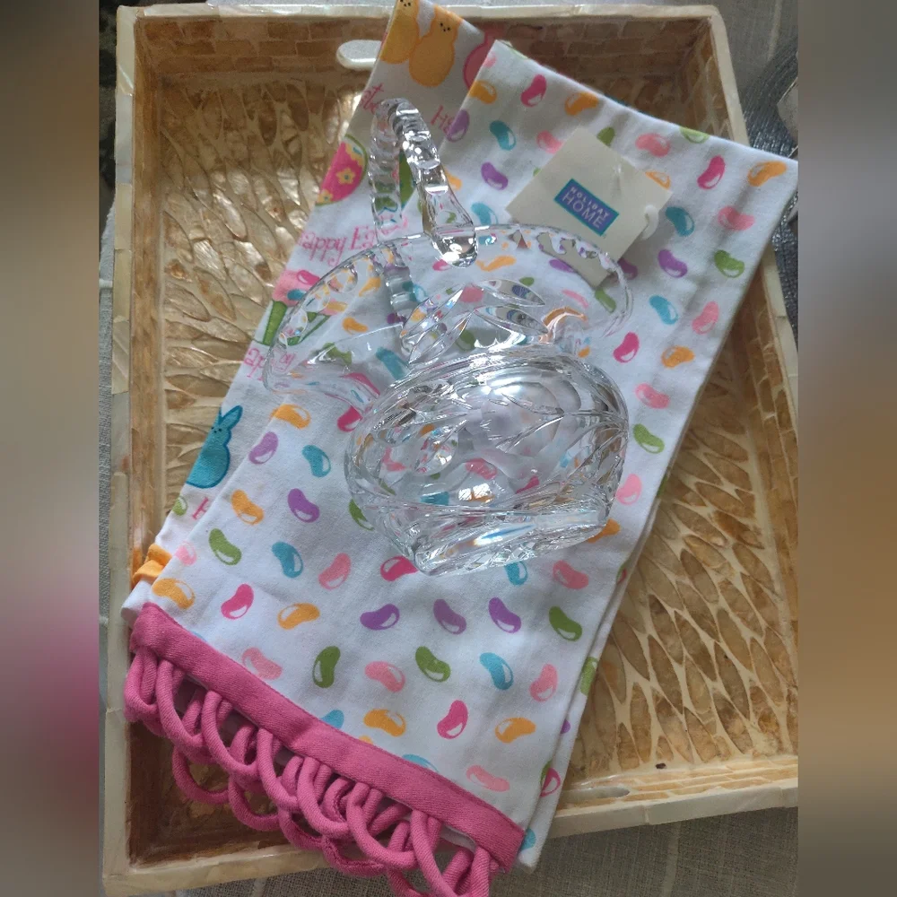 Vintage crystal basket with bonus Easter towels.